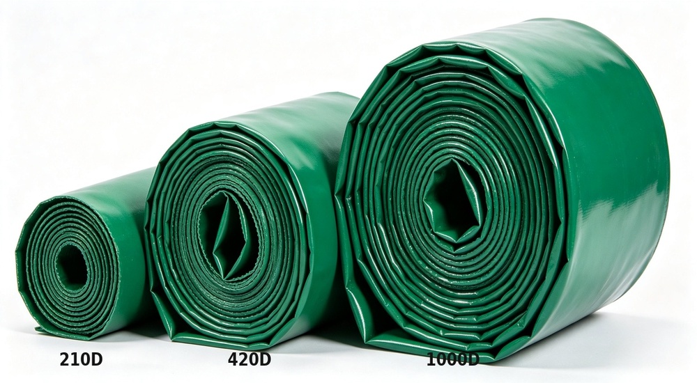 Product comparison chart showing tent tarpaulin fabric denier options 210D 420D and 1000D in blue and grey samples, fabric thickness and weave density difference visible for different relief tent durability requirements