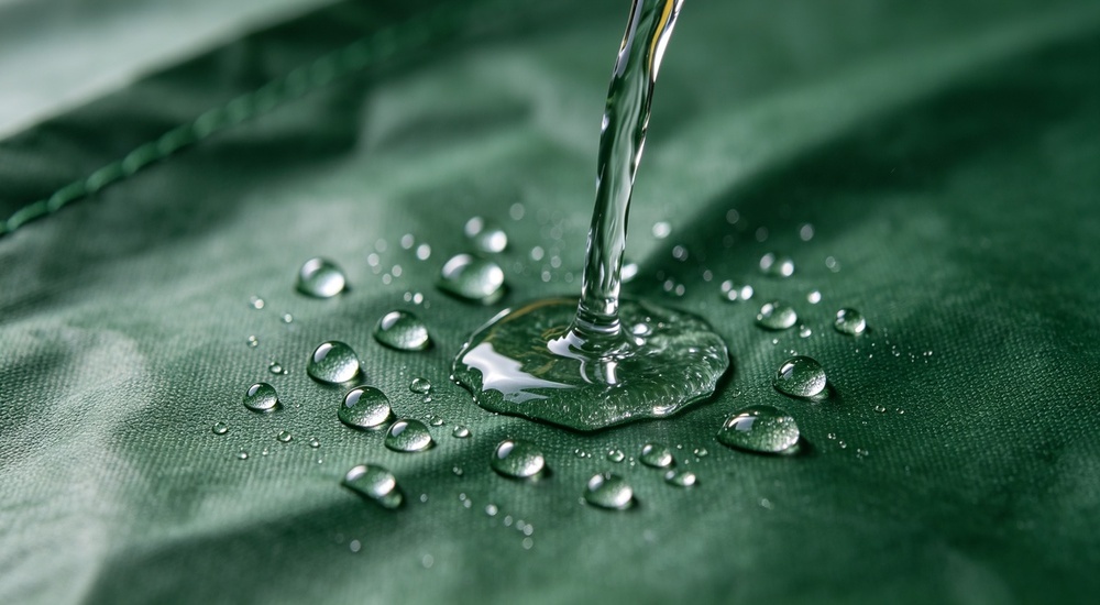 Laboratory test shot showing water beading on surface of blue relief tent tarpaulin material, hydrophobic PVC coating causing water droplets to roll off fabric surface demonstrating water repellent performance and waterproof quality