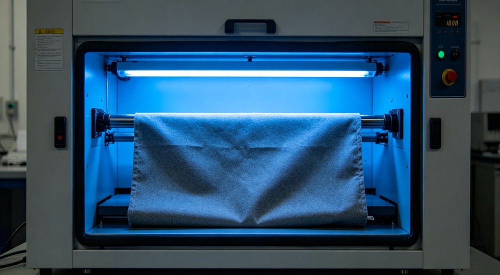 Laboratory testing photograph of UV exposure chamber testing blue and white tent tarpaulin material samples, accelerated UV degradation test showing color fastness and material durability under simulated sunlight exposure