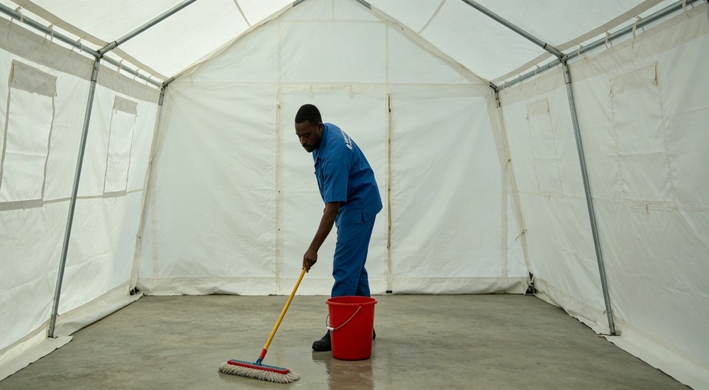 Maintenance action shot of worker cleaning blue tent tarpaulin floor with mop and cleaning solution, fabric care and maintenance procedure visible showing proper cleaning method for emergency shelter upkeep