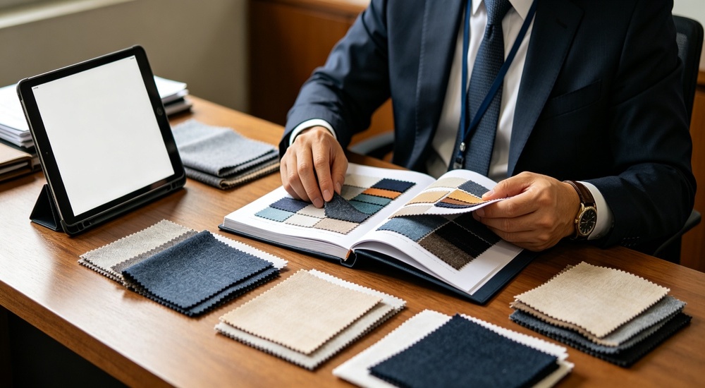 Business scene photograph of procurement officer reviewing tent tarpaulin material samples on tablet computer, fabric swatches and digital specification sheet visible showing professional material selection and purchasing decision process