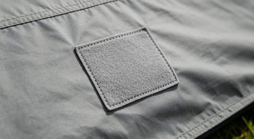Product shot of color-matched repair patch kit for blue tent tarpaulin material, matching fabric patches adhesive and application tool visible showing professional repair solution maintaining color consistency for emergency shelter maintenance