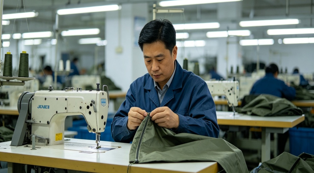 Quality control photograph of factory worker inspecting stitched seams on blue tent tarpaulin panel, detailed QC inspection showing seam quality verification and defect detection before relief tent assembly and shipment