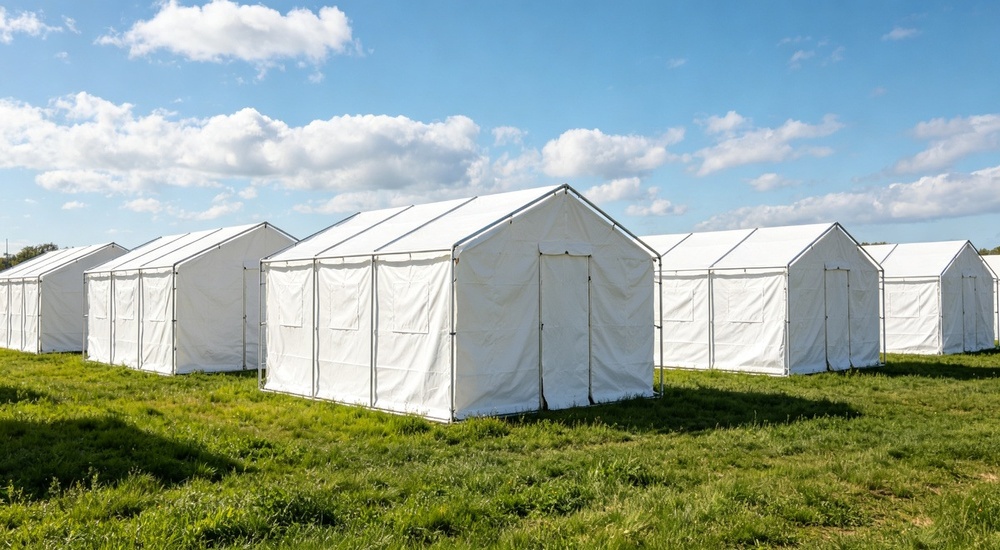 Dramatic sunset photograph of large relief tent camp with rows of blue and white emergency shelters silhouetted against orange sunset sky, tarpaulin material tents showing disaster relief settlement at golden hour