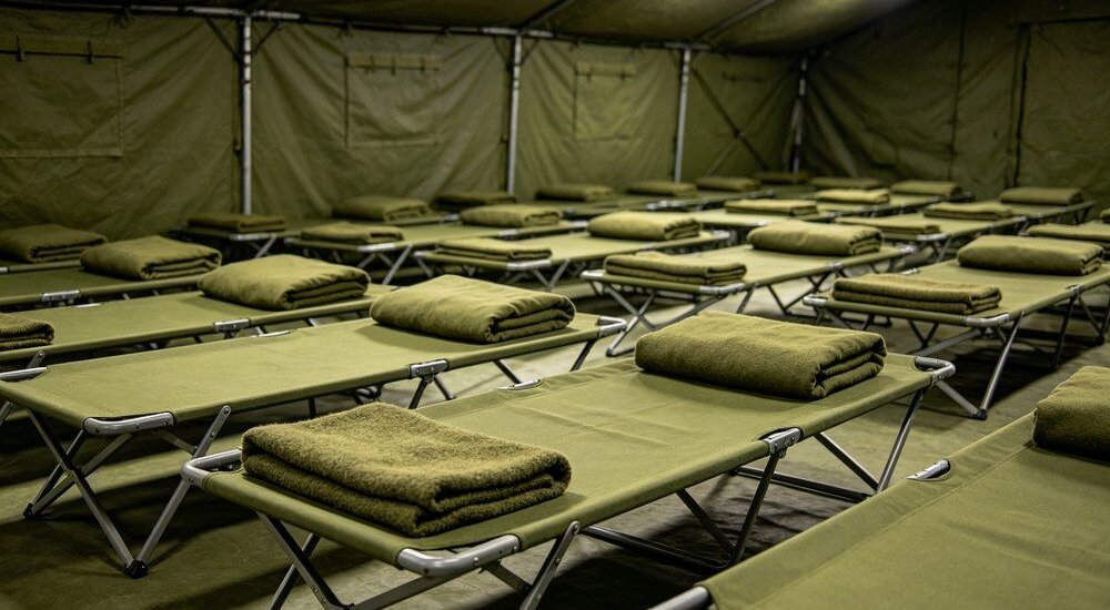 Military camp cots with emergency bedding setup in field conditions