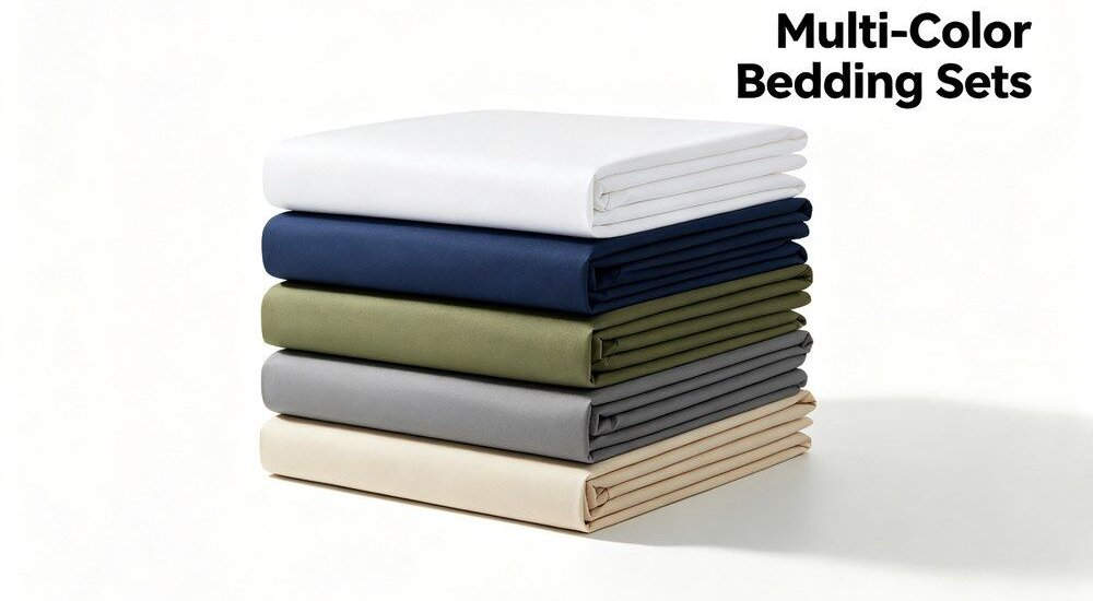Folded bedding sets in multiple colors stored in warehouse racks