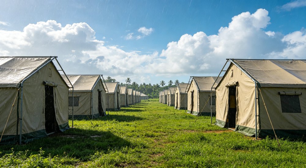 Panoramic wide-angle view of relief frame tent camp established in tropical region, rows of white and green emergency shelters set up on grassy ground under warm humid climate with palm trees showing disaster response deployment Panoramic wide-angle view of relief frame tent camp established in tropical region, rows of white and green emergency shelters set up on grassy ground under warm humid climate with palm trees showing disaster response deployment