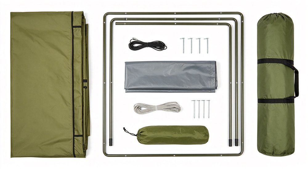 Flat lay product photography of complete relief frame tent set including blue and white fabric panels metal poles steel stakes guy ropes and accessories, all components neatly arranged on clean white background for catalog display