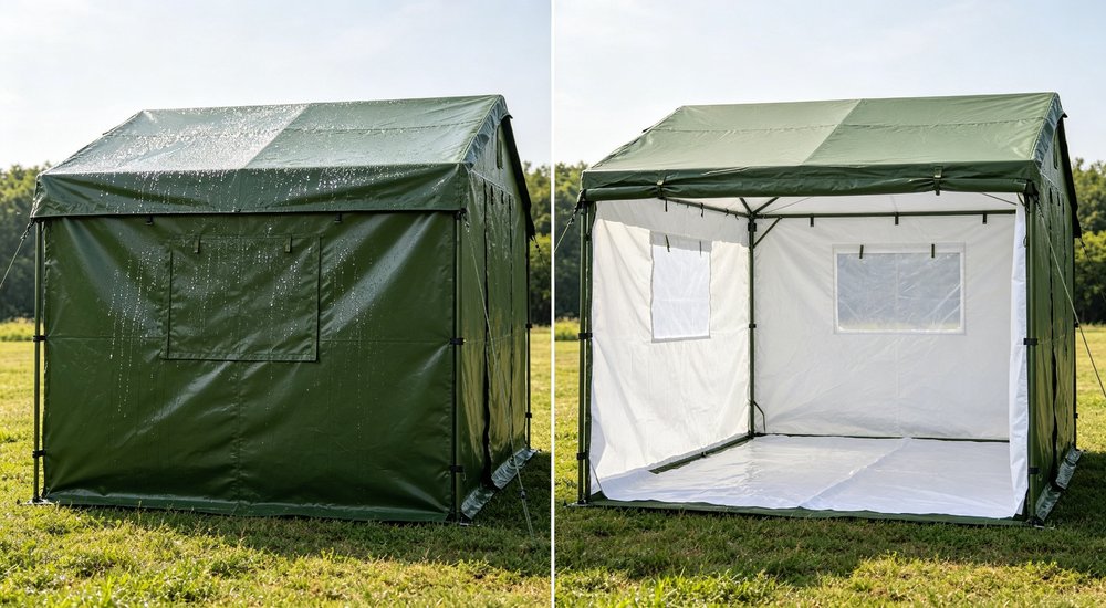 Architectural cross-section comparison of single-layer versus double-layer relief tent construction in green and white fabric, insulation gap and condensation control difference visible showing thermal performance for hot humid tropical emergency shelters