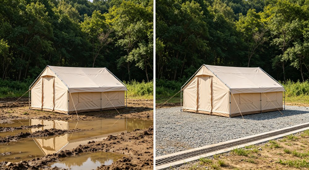 Educational split comparison showing wrong versus right relief tent selection for hot rainy climate, beige tent examples demonstrating common mistakes versus proper climate-adapted emergency shelter specification guidance