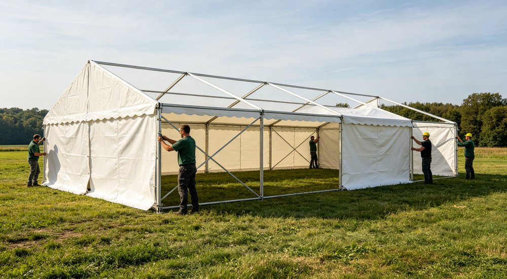 Step-by-step installation photograph of workers assembling white metal frame relief tent, team setup process showing frame construction and fabric installation visible demonstrating proper emergency shelter assembly procedure