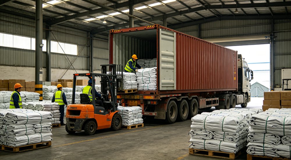 Bulk order warehouse photograph of grey relief tent packages stacked and prepared for container loading, large quantity inventory visible showing bulk order fulfillment and export preparation for disaster relief supply contracts