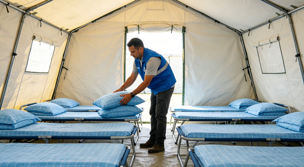 Bright well-lit interior of field hospital tent with camp cots dressed in sky blue checkered three-piece emergency bedding set showing aid worker arranging pillow