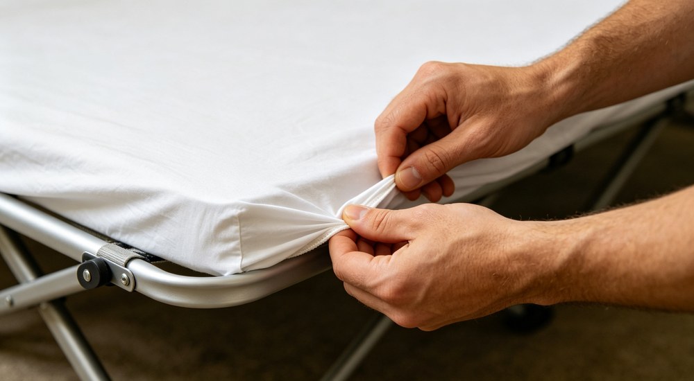 Macro detail shot of hands pulling elastic corner of white fitted sheet onto thin folding camp cot mattress showing metal frame and pocket depth test