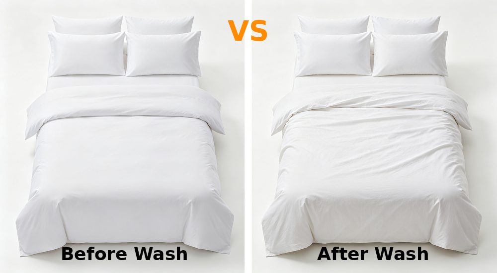 Comparison view of brand new crisp white bedding versus after-wash slightly wrinkled and shrunk bedding showing durability test with orange VS marker
