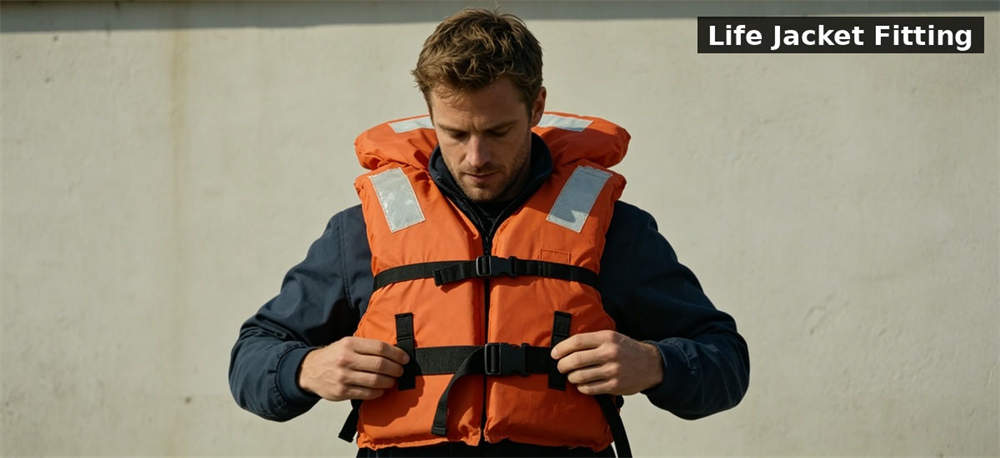 Life jacket orange wearing demonstration for institutional procurement, inspection and supply planning