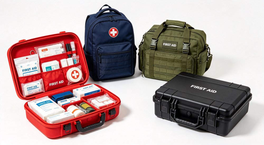 Top-down flat lay of disaster relief medical kit contents including emergency blanket triangular bandage dressing pads and basic medical supplies for refugee camp and shelter deployment