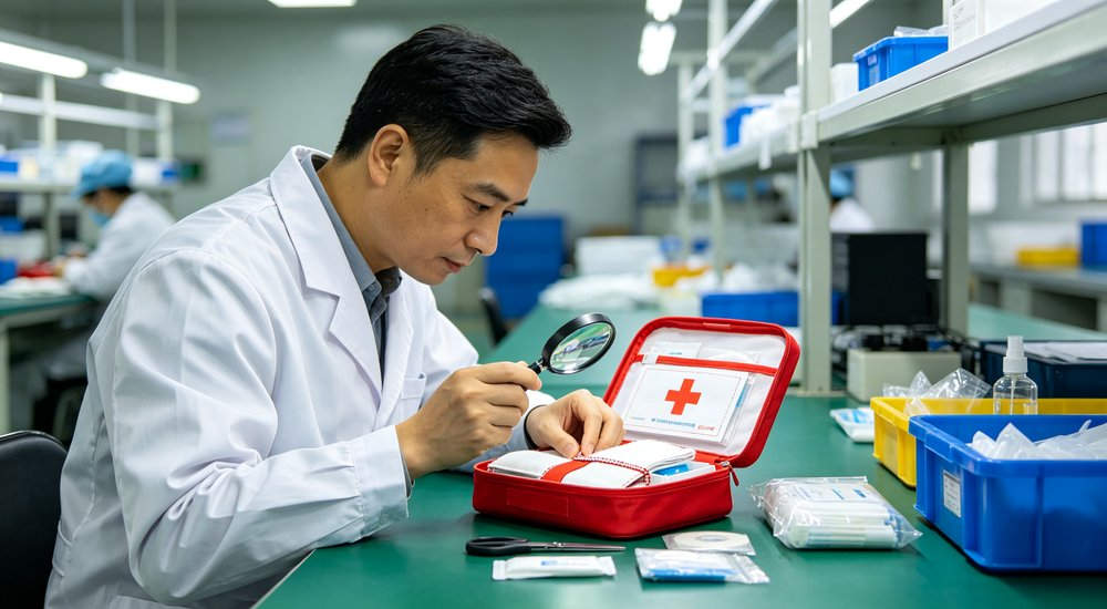 Eye-level hotel hospitality first aid kit scene in guest services area with compact medical supplies for guest safety and emergency response in accommodation facilities