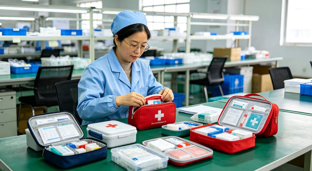 Top-down view of hotel housekeeping medical kit with basic first aid supplies organized for staff use in resort and hospitality industry health and safety programs