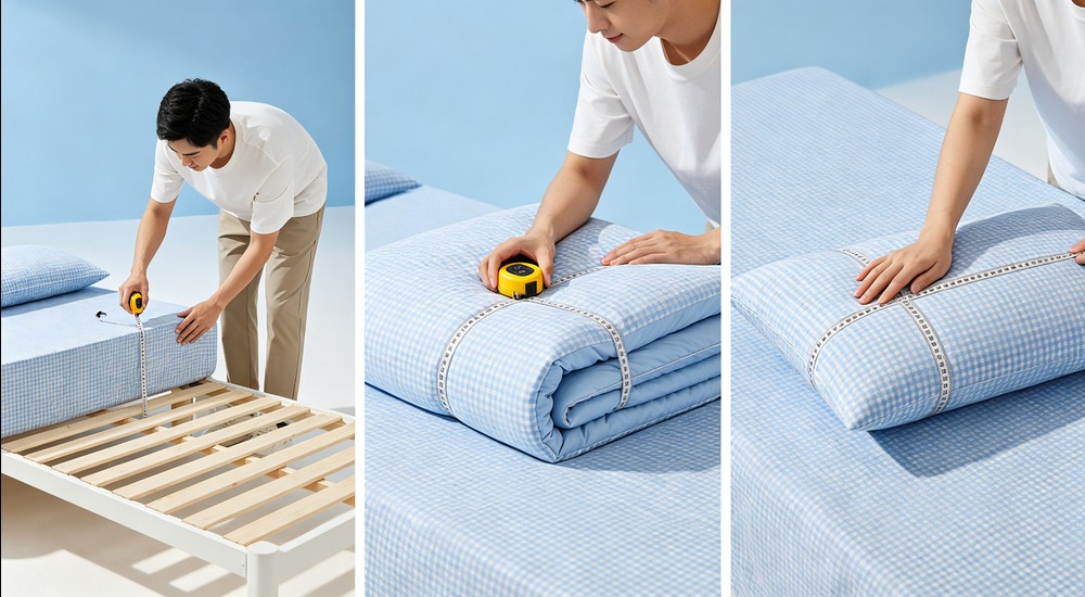 Triple panel scene showing a person measuring bed frame, duvet insert, and pillow separately with soft tape, sky blue checkered bedding in bright clean environment