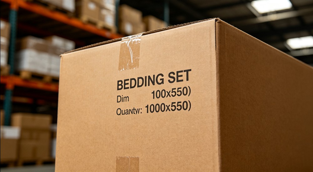 Close-up of brown cardboard shipping box with product information directly printed on the side in clean black ink showing bedding set dimensions, professional industrial packaging, warehouse background