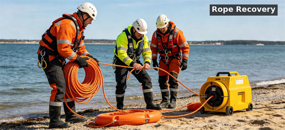 Line thrower orange rope recovery scene for institutional procurement, inspection and supply planning