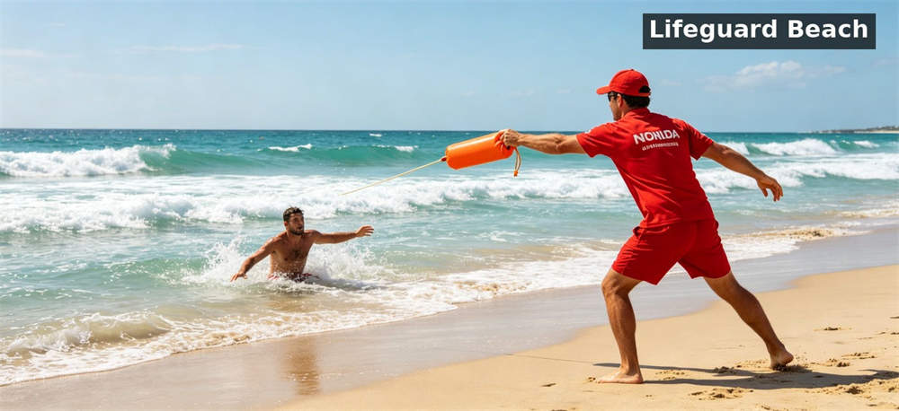 Manual throw bag orange lifeguard beach scene for institutional procurement, inspection and supply planning