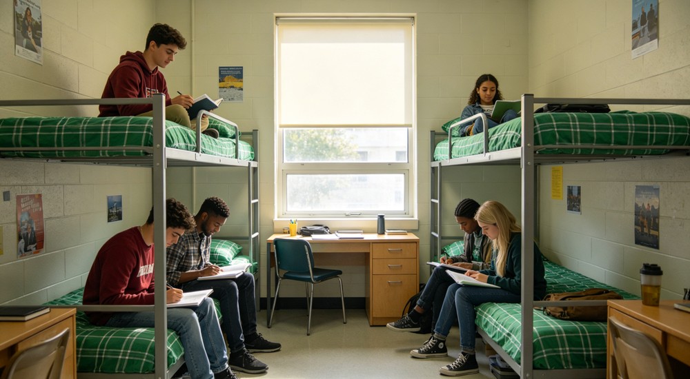 Panoramic university dormitory room with bunk beds and students studying on green checkered bedding under natural window light - suitable for institutional and emergency shelter procurement