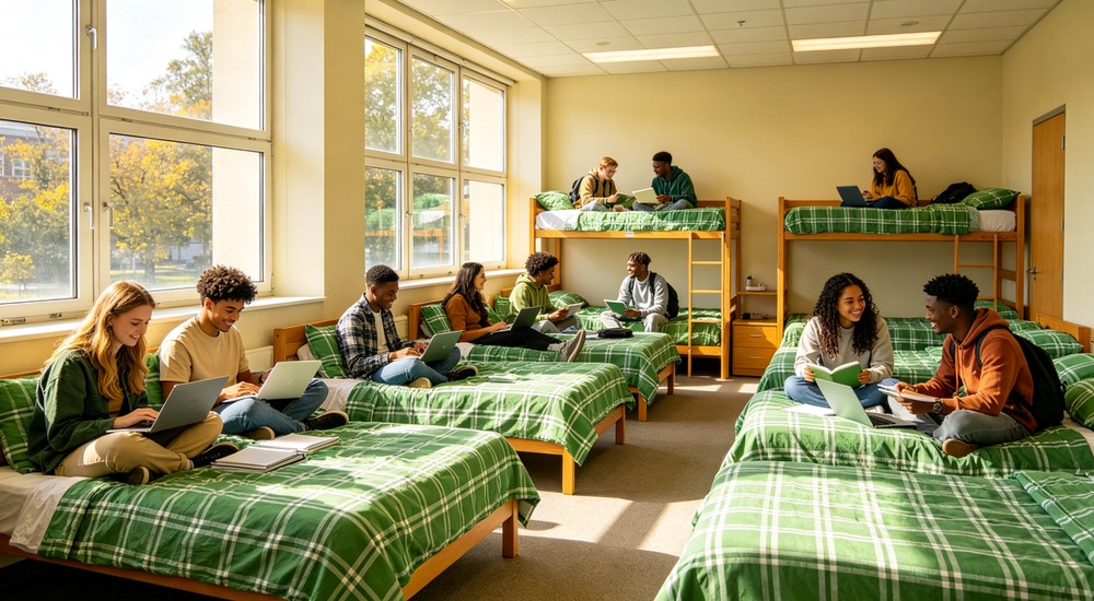 Flat lay bright university dormitory common area with students sitting on green checkered bunk beds studying and talking - for emergency response organizations sourcing bulk bedding supplies