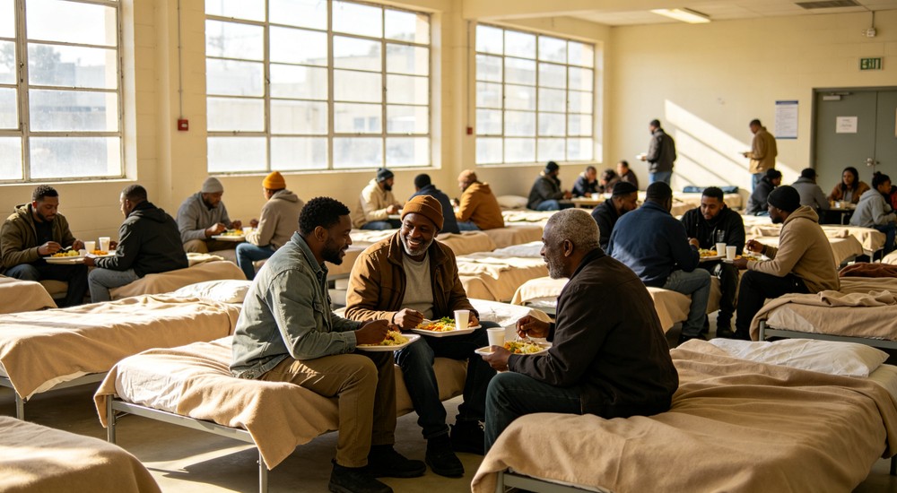 Side-by-side bright emergency shelter community area with people sitting on uniform beige bedding talking and sharing meals under windows