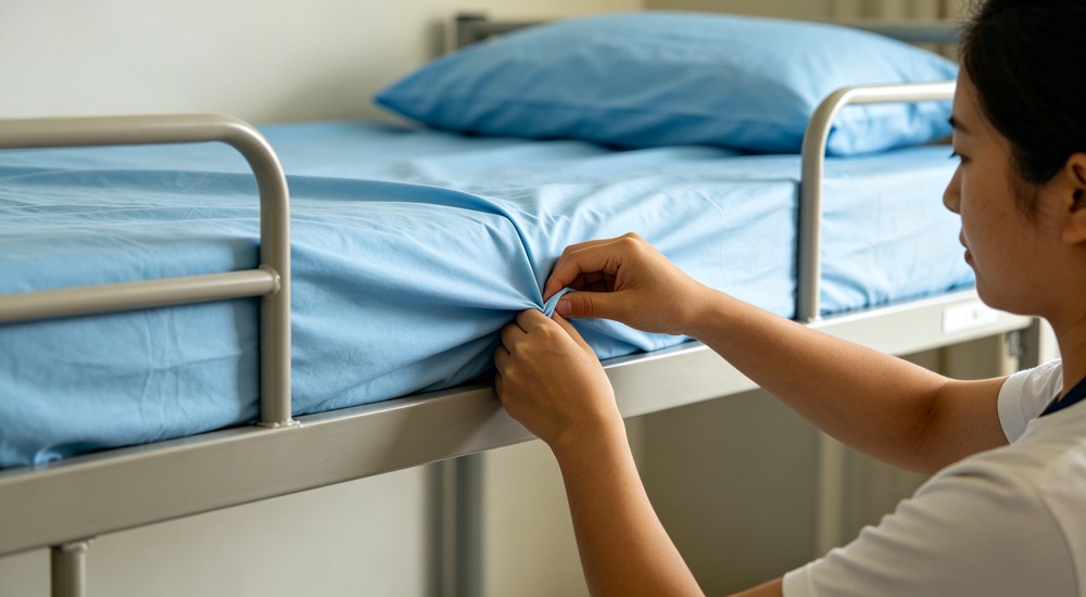 interior photograph of university dormitory room with bunk beds and white bedding while student studies at desk near bright window
