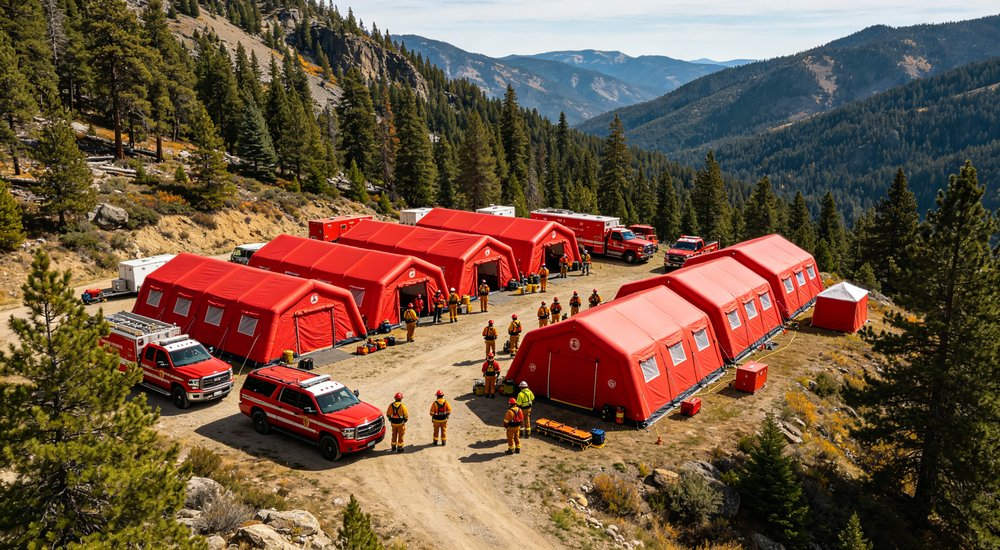 Multiple red fire rescue inflatable tents arranged in formation at training facility, firefighters conducting drill, clear sky, professional B2B photography