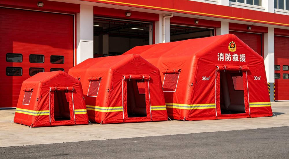 Chemical spill decontamination inflatable tent with shower system, hazmat team in protective suits, red and white tent, professional emergency response photography