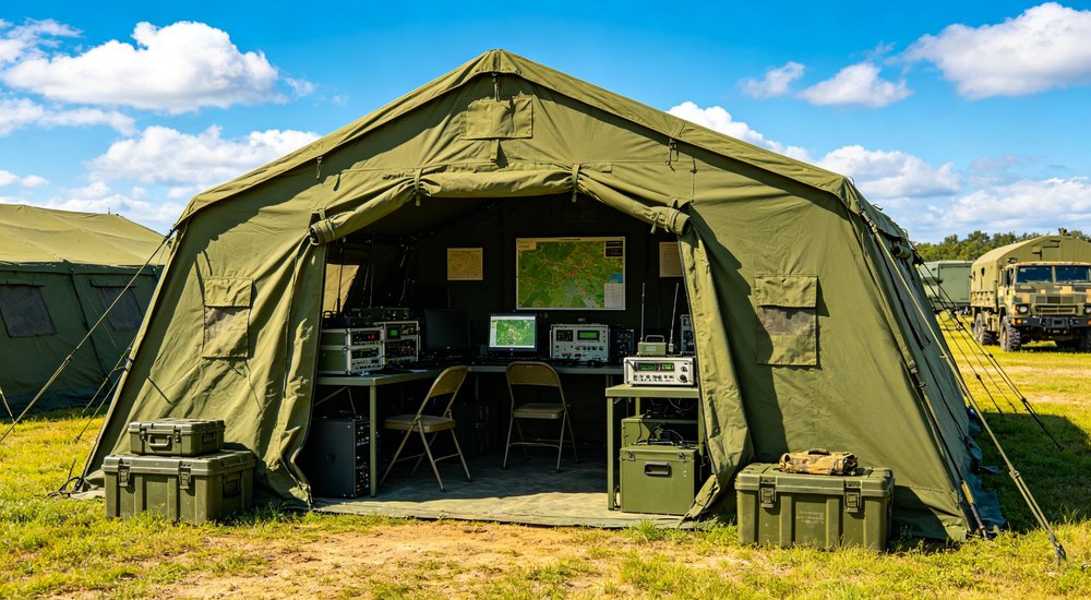 Closeup exterior detail showing reinforced corner seams heavy duty waterproof fabric texture and weatherproof construction of professional emergency relief shelter