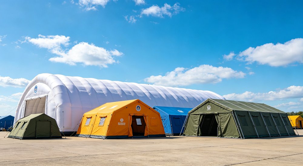 Humanitarian aid distribution area with emergency relief tents serving as collection points where relief workers provide food water and supplies to affected populations