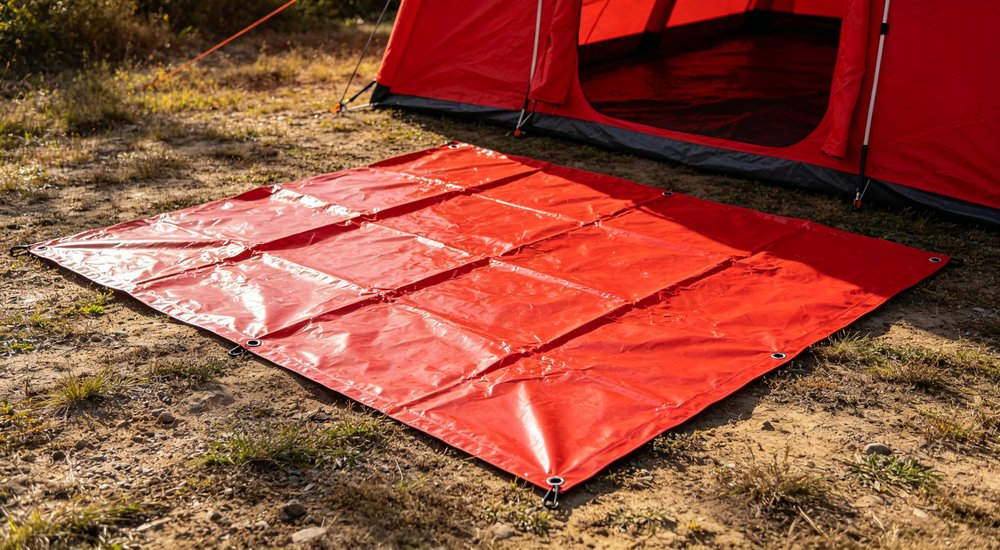 Wildfire base camp at dusk with multiple red inflatable command tents, fire crews resting and briefing, mountain landscape, professional B2B photography