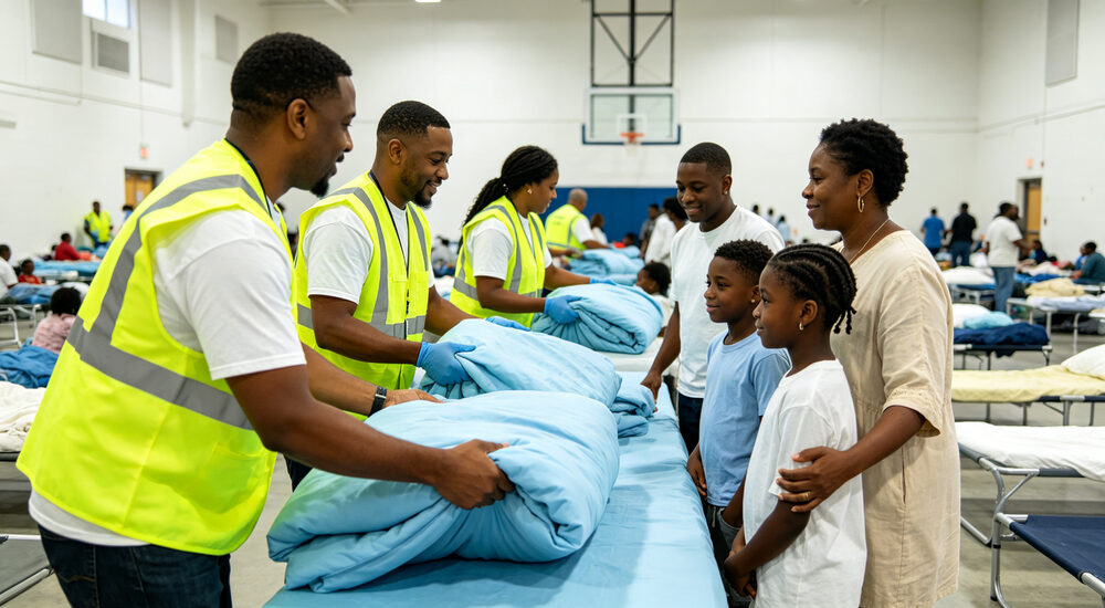 Wide-angle view of emergency shelter facility with clean institutional bedding arranged for disaster relief victims suitable for emergency shelters hospitals universities and hotels requiring durable comfortable bedding solutions
