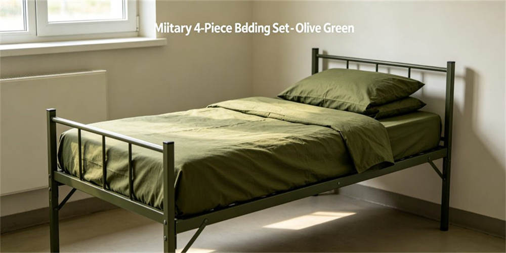 4-piece complete military bedding set in olive green, full standard military bedding kit package for troop dorm matching