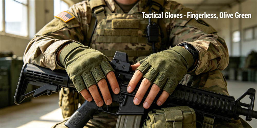 Olive green fingerless tactical gloves worn, breathable flexible outdoor hand protection for precise manual operation work