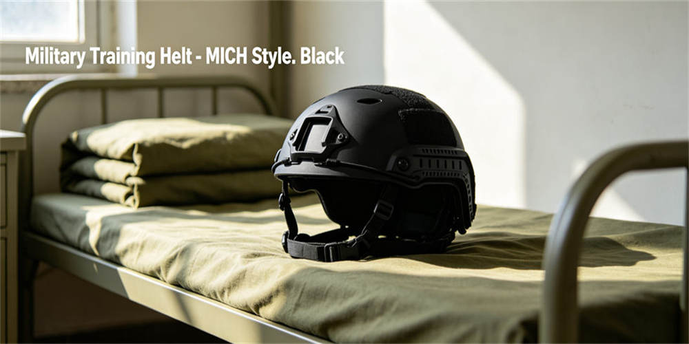 Black MICH style military training helmet, impact resistant reliable head safety gear for daily military training drills