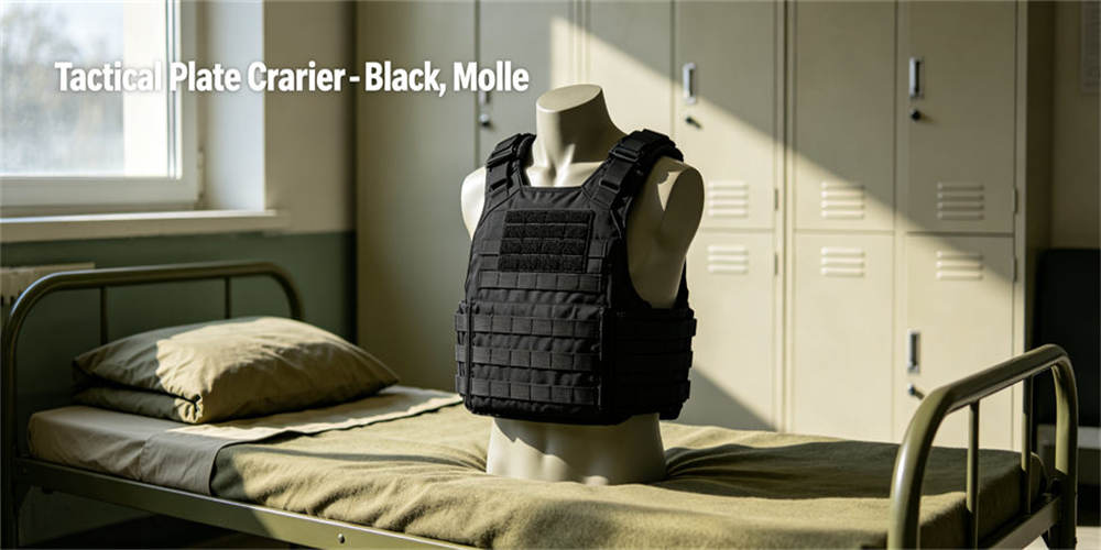 Black tactical plate carrier MOLLE, modular load bearing tactical vest gear for carrying various field supply pouches