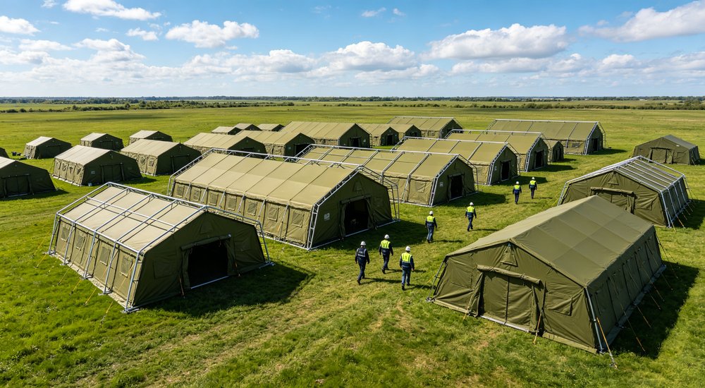 Aerial drone view showing multiple large emergency relief tents arranged in orderly rows across a disaster response camp with clear access pathways and blue sky overhead