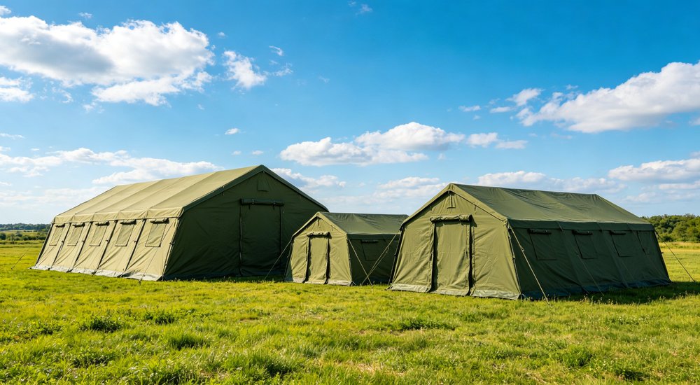 Large emergency shelter tent installed at disaster relief site providing weatherproof accommodation for affected populations with reinforced structure and quality materials visible
