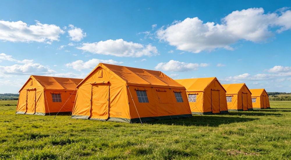 Professional emergency relief tent photographed in field deployment showing sturdy construction waterproof fabric and steel frame design suitable for disaster response and humanitarian aid operations