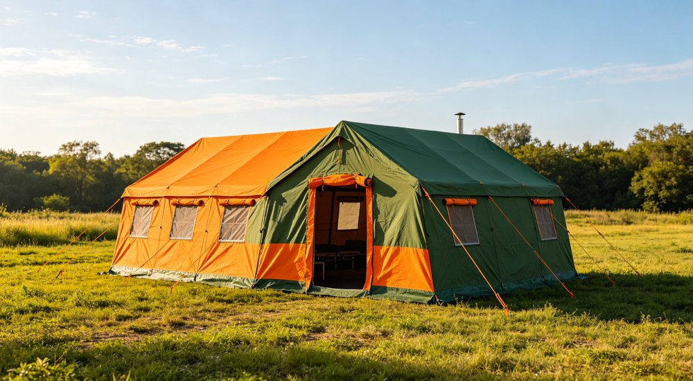 Heavy duty emergency frame tent displayed in operational setting demonstrating quick setup capability durable canvas exterior and spacious interior capacity for humanitarian relief missions