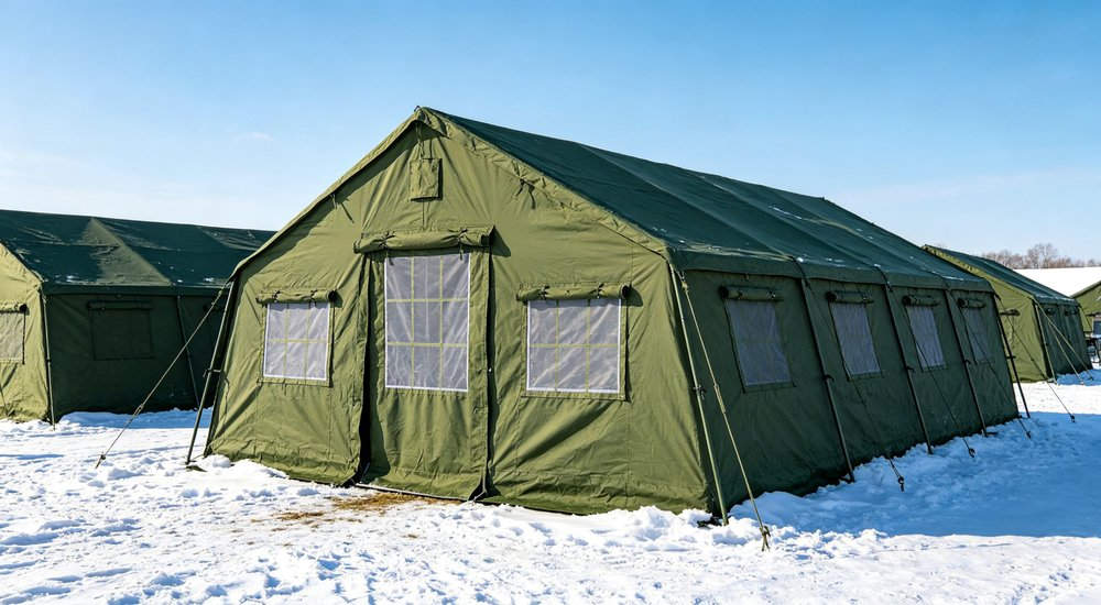 Large emergency shelter tent installed at disaster relief site providing weatherproof accommodation for affected populations with reinforced structure and quality materials visible
