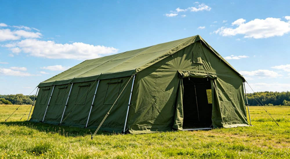 Humanitarian relief tent photographed at aid distribution camp providing reliable shelter with strong steel framework quality stitching and weather resistant fabric for disaster affected communities