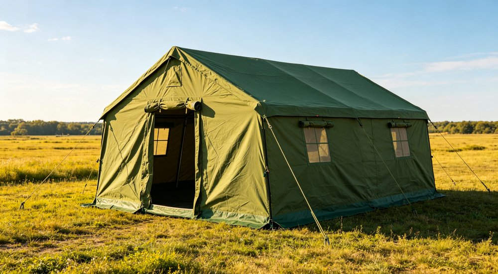 Emergency response tent captured during active deployment showing professional grade construction wind resistant frame and waterproof covering designed for long term use in challenging field conditions
