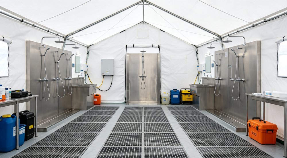 Interior view of decontamination tent showing three zone flow layout with dirty wash clean areas and stainless steel shower stations