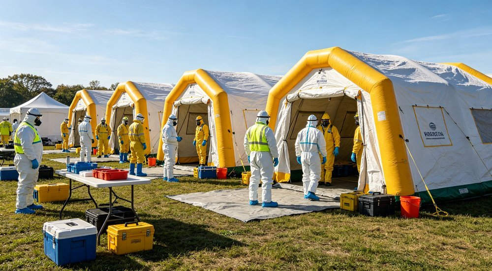 Mass decontamination operation scene with multiple inflatable decon tents lined up and emergency response workers in protective suits, professional product photography